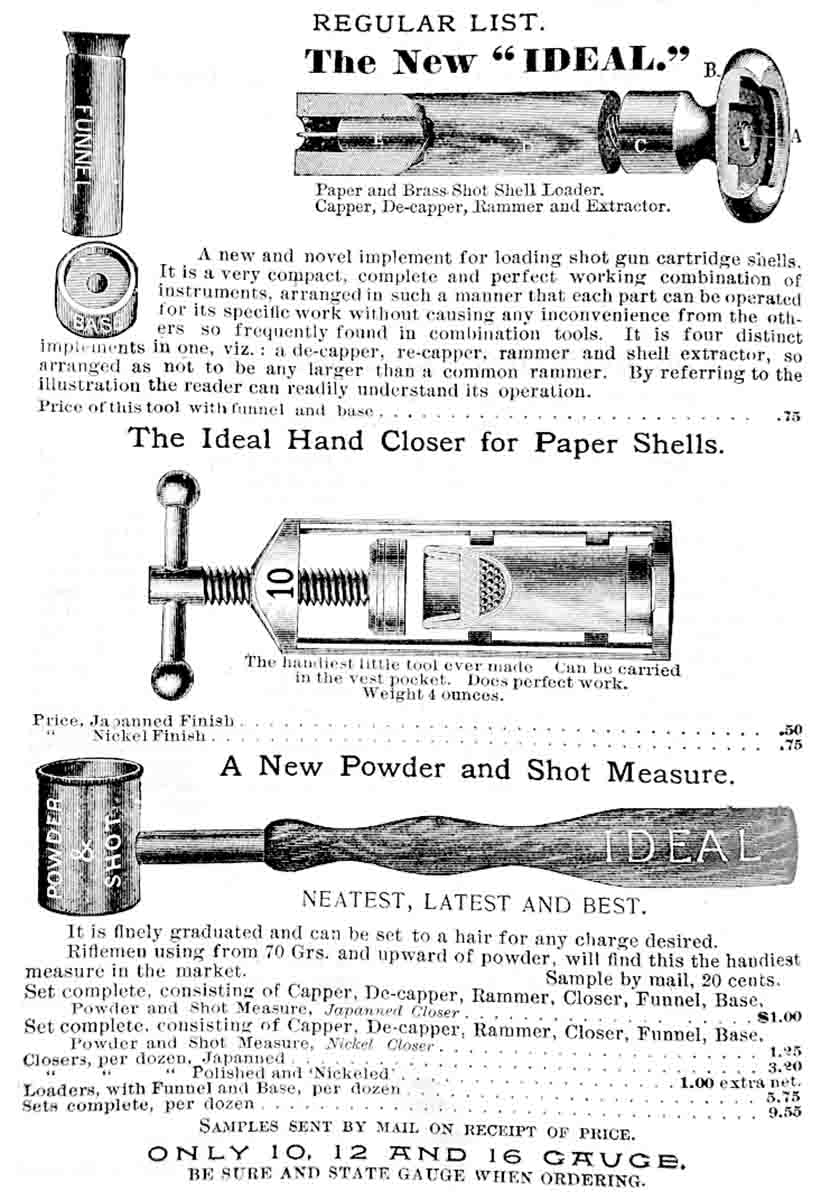 Excerpt from the Ideal Hand Book #1 of 1891, showing the basic set of shotshell hand loading tools.